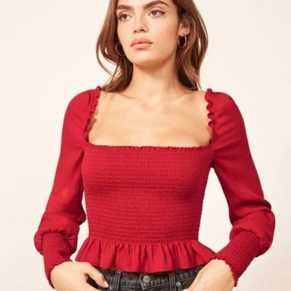 Reformation Francis Top Smocked Blouse Size L - Picture 1 of 10